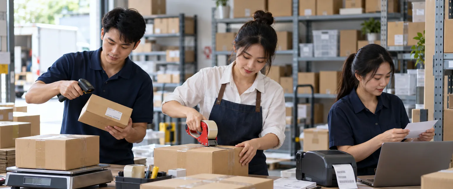 Kho hàng nhỏ ngăn nắp với đội ngũ đang đóng gói
