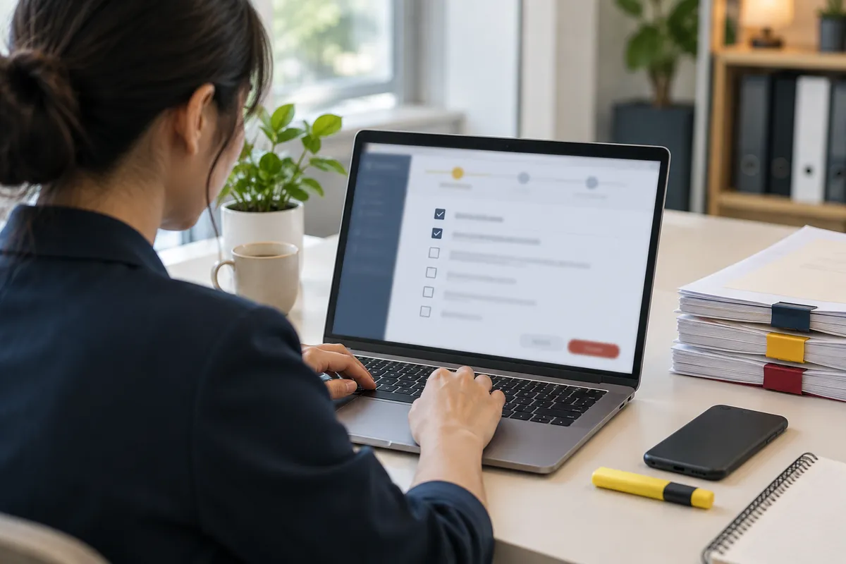 Người bán hàng điền thông tin hồ sơ trên laptop